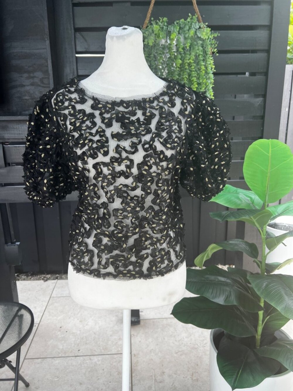 Milk & Honey Mesh Black & Gold Blouse Puffer Sleeve Lightweight Chic SMALL